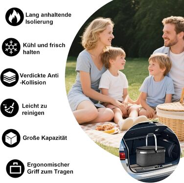 Велика складна ізольована сумка-холодильник - кошик для покупок з кришкою, знімний кошик для пікніка на 2 особи, кошик-холодильник з алюмінієвою рамою, потовщений термокошик - з 2 пакетами льоду XL чорного кольору