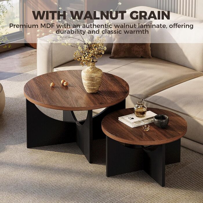 Набір з 2 журнальних столиків Nesting Table, круглий журнальний столик, сучасний дерев&39яний журнальний столик для вітальні та спальні, горіх