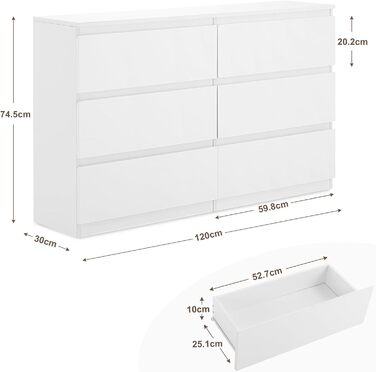 Комод Sweetcrispy, білий буфет з 6 шухлядами, 1203075 см, багато місця для зберігання речей для вітальні, коридору та спальні, сучасний комод білий 120 30 75 см