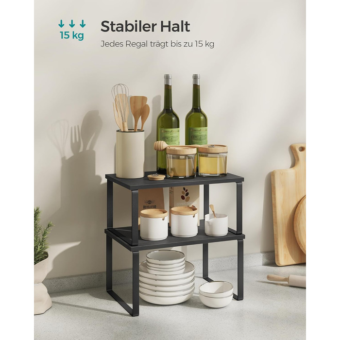 Стійка для спецій, Набір з 4 шт. , Кухонна полиця, Кухонний органайзер, Розширювана, Тримач для спецій, що штабелюється, з металевою рамкою, 19,5 x 29,7 x 15,8 см, Чорнило-чорний колір KCS027B01 Чорнило-чорний Чорне дерево 29,7B см