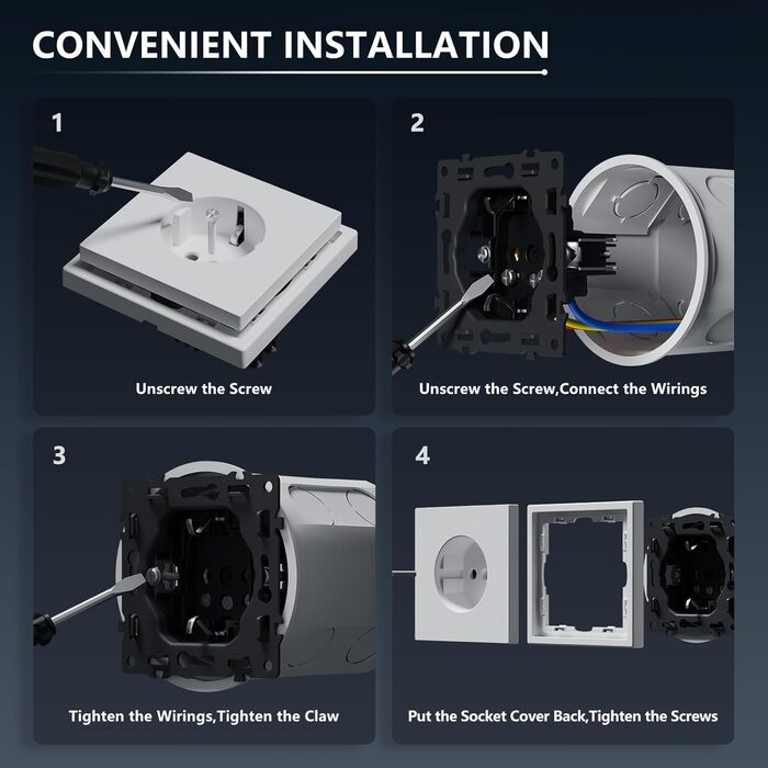 Розетка BSEED Schuko для прихованого монтажу, настінна розетка 16 А з рамою ПК, одинарна розетка з кігтиками, 1 відділення сіра