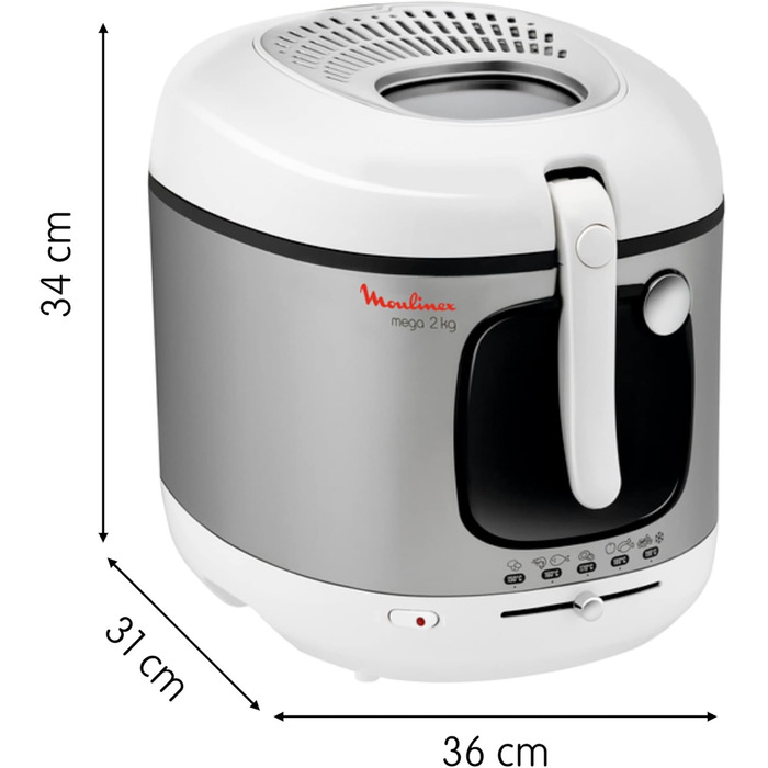 Фритюрниця Moulinex AM4800 Mega 2 кг Фритюрниця з олією Фільтр проти запаху регульована температура легке очищення хрустка картопля фрі 1,800 Вт місткість до 8 осіб Білий/Сріблястий Великий