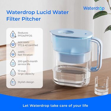 Глечик Waterdrop Lucid Water Filter Pitcher з 190-денним фільтром, 3,5 л, зменшує вміст фтору, хлору тощо, сертифікований NSF, без бісфенолу А, синій (замінний фільтр WD-PF-01A Plus)