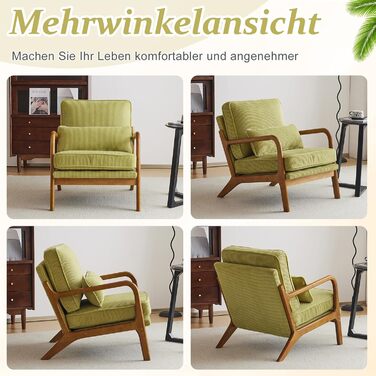 Крісло Bonnlo, м&39яке коктейльне крісло, сучасне крісло для відпочинку, крісло з відкидною спинкою для вітальні, м&39яке крісло з масиву дерева, крісло для читання, вантажопідйомність до 200 кг, вельветова тканина (зелений колір)