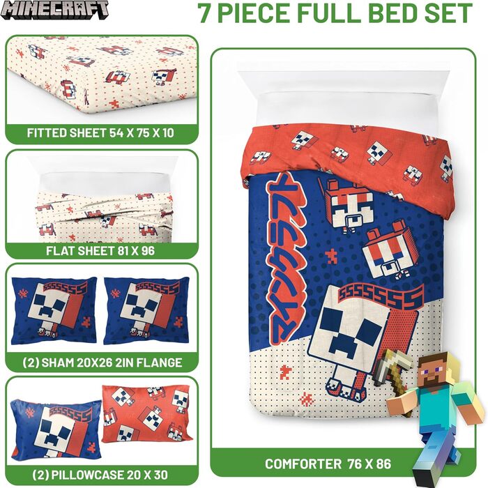 Повнорозмірний комплект постільної білизни Minecraft Creeper, 7-місний комплект постільної білизни з простирадлом та наволочками,