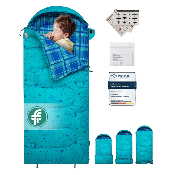 Дитячий фланелевий спальний мішок KingCamp, легкий, водонепроникний та компактний, зимовий спальний мішок, 4-сезонний спальний мішок-ковдра, аксесуар для кемпінгу, підходить для дітей зростом до 140 см, комфорт 7C, блакитне регулювання довжини