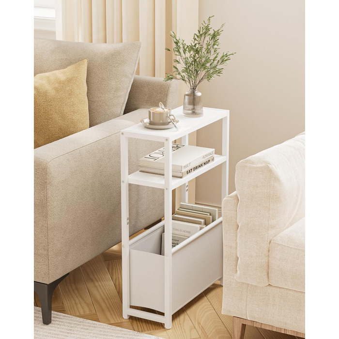 Журнальний столик з місцем для зберігання речей, 3-ярусний вузький журнальний столик з сумкою, вузька тумбочка, маленький журнальний столик для невеликих приміщень, спальня, вітальня, офіс (білий)