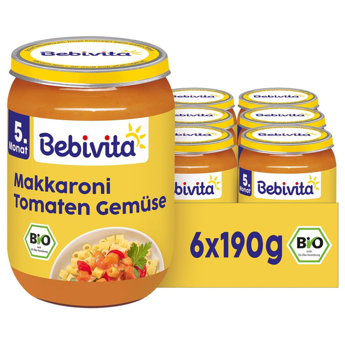 Меню Bebivita з 5 місяців Макарони з томатним соусом та овочами, 190 г, упаковка з 6 шт. (6 x 190 г)