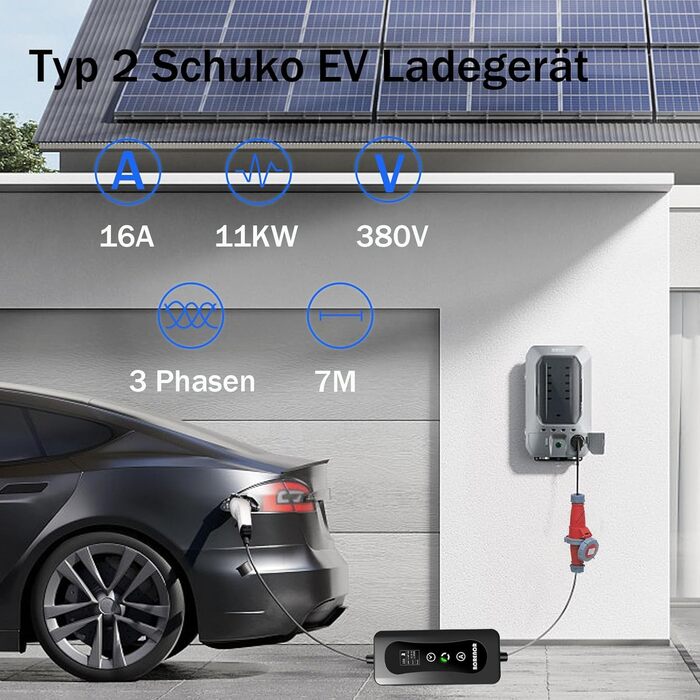 Зарядний кабель типу 2 CEE 11кВт, 7M EV зарядний кабель типу 2, регульований струм 8A/10A/13A/16A, 3-фазний портативний зарядний п