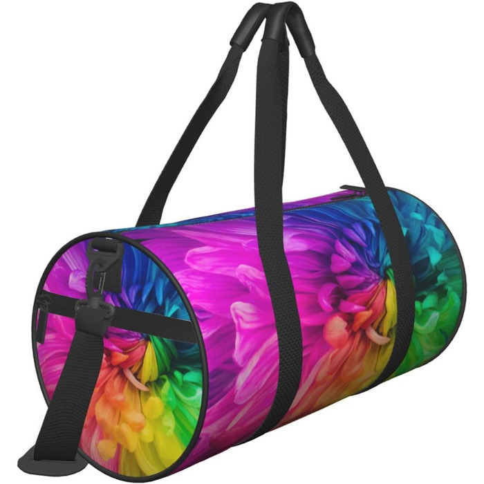 Спортивна сумка для подорожей, красивий веселковий принт з квітами та хризантемами, сумка на нічліг, чорний колір, універсальний розмір