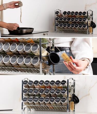 Квадратна підставка для спецій Deco haus з банками для спецій - Банки для спецій з полицею - Настінна підставка для спецій, підставка для спецій з набором з 24 банок для спецій - Металева підставка для спецій, не потребує свердління, хром - Набір з 24 пре