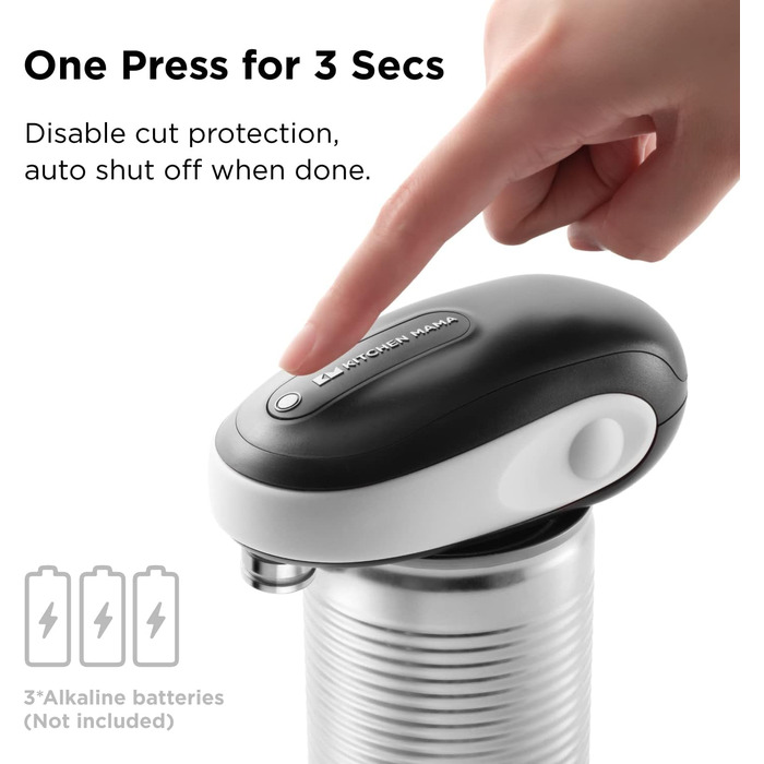 Електричний консервний нож Kitchen Mama One-to-Go - відкривається одним дотиком (автостоп), відкривач без гострих країв, з практичним знімачем кришки, працює від батарейок (білий) One-to-go - білий