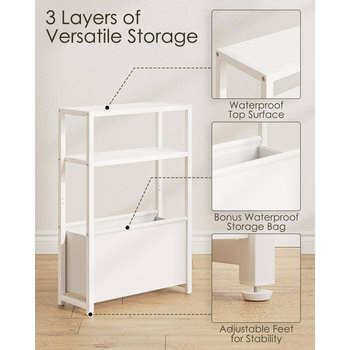 Журнальний столик з місцем для зберігання речей, 3-ярусний вузький журнальний столик з сумкою, вузька тумбочка, маленький журнальний столик для невеликих приміщень, спальня, вітальня, офіс (білий)