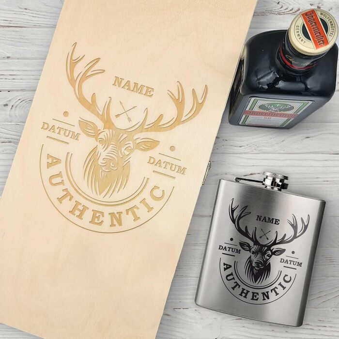 Подарунковий набір із гравіюванням для термосів - Термос з нержавіючої сталі 150 мл з гравіюванням - Включає пляшку Jgermeister 350 мл та гравіровану дерев&39яну коробку - Подарунок на День батька для тата - Колір Олень