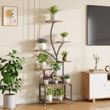 Підставка для рослин HAUSPROFI 154 см, 8-рівнева металева та дерев&39яна полиця для кількох рослин із фіксуючими колесами, декоративні квіткові сходи для саду та балкону - чорна (без лампи для вирощування)