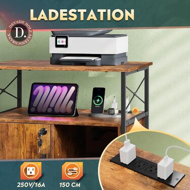 Стіл для принтера DEVAISE із зарядною станцією, мобільна підставка з колесами та відкритими полицями, шафа для принтера, що замикається, для офісу та домашнього офісу, ретро-коричневий