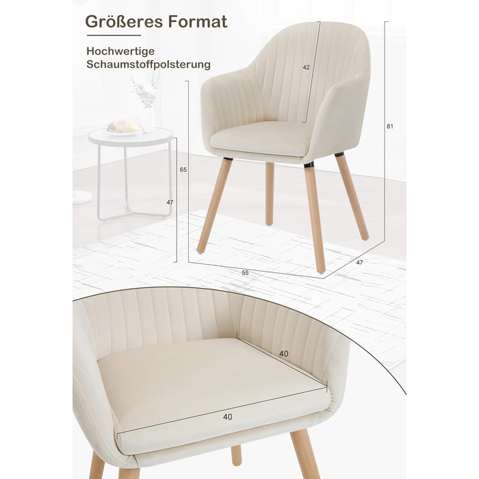 Обідні стільці WOLTU, комплект з , для спальні, кухні, вітальні, м&39які кухонні стільці з підлокітниками, виготовлені з оксамиту та масиву дерева, кремово-білий, комплект з