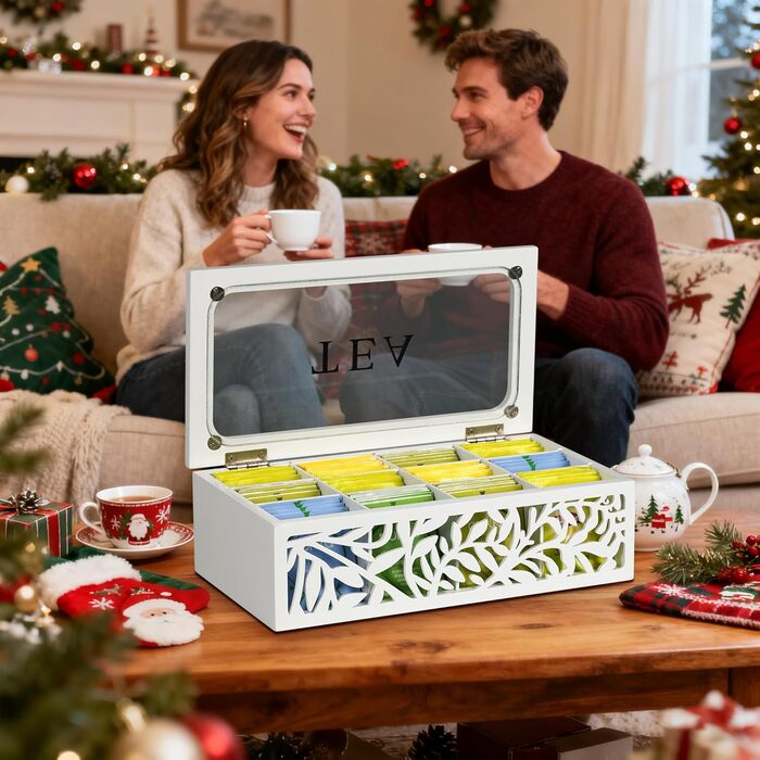 Чайна коробка, коробка для чайних пакетиків, перфорована дерев&39яна коробка для зберігання чаю з 12 відділеннями, контейнер для зберігання зі скляною стінкою та кришкою (білий) - чайна скринька для чайних пакетиків, цукру, кавових капсул