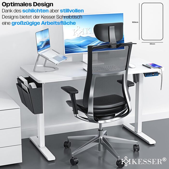 Електричний стіл KESSER з регулюванням висоти 100 см x 60 см Ергономічний стіл для роботи сидячи та стоячи 3-функціональне керування з пам&39яттю Включає коліщатка з поворотом на 360 та порт заряджання USB Комп&39ютерний стіл для домашнього офісу 100 x 60