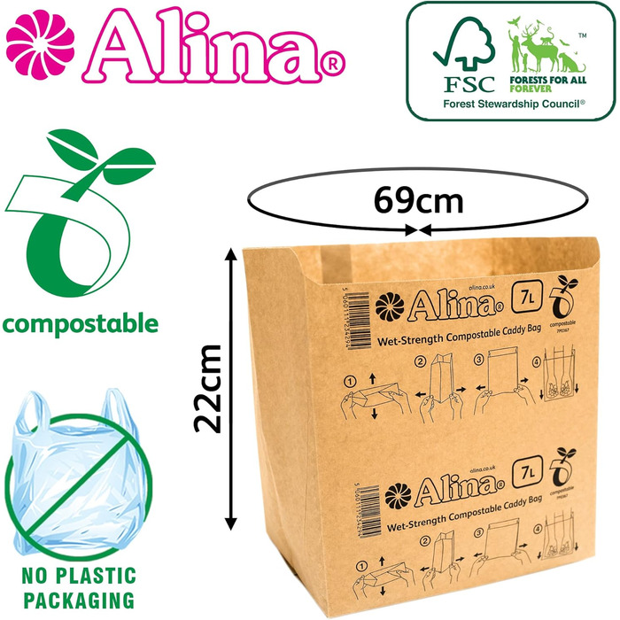 Компостований паперовий мішок для харчових відходів Alina/біорозкладний паперовий мішок об&39ємом 7 літрів, 50 x 6 - 8 л (коричневий, 50 пакетів), 50 шт. (1 упаковка)