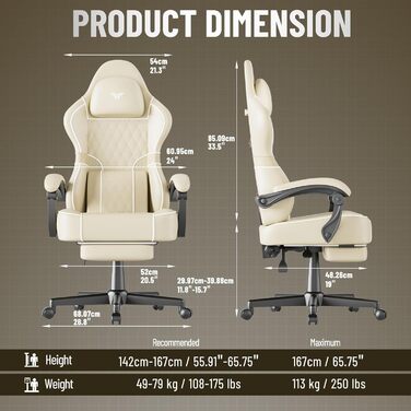 Ігрове крісло Huracan з функцією масажу, ігрове крісло, регульоване та поворотне робоче крісло, ергономічне комп&39ютерне крісло з підставкою для ніг, ігрове крісло зі штучної шкіри, бежевий колір, штучна шкіра, білий колір
