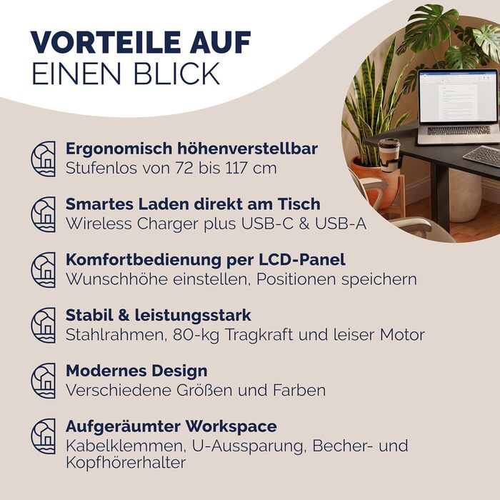 Електричний стіл Casaria з регульованою висотою 120 x 60 см з бездротовим зарядним пристроєм та портом USB-C/A, РК-дисплеєм, функцією пам&39яті, вантажопідйомністю 80 кг, ергономічним, чорним, 120 x 60 см