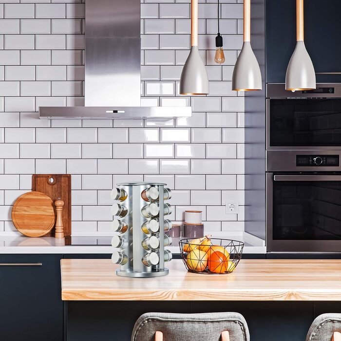 Карусель для спецій Relaxdays з 20 баночками для спецій, обертається на 360, контейнери для спецій для посипання, висота 34,5 см, нержавіюча сталь, срібло