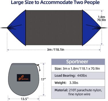 Гамак з москітною сіткою, 300 x 180 см Відкритий гамак Sportneer вантажопідйомністю 200 кг Кемпінговий гамак, гамаки з 2 карабінами преміум класу, 2 нейлоновими стропами, включаючи темно-синій сірий