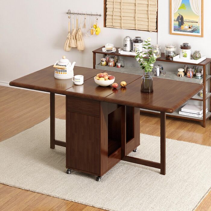 Розкладний стіл, компактний, багатофункціональний кухонний/обідній стіл, розсувний з масиву дерева та колесами, що обертаються на 360, для 2-8 осіб у невеликих квартирах. Розкладний обідній стіл, горіх (150 см).