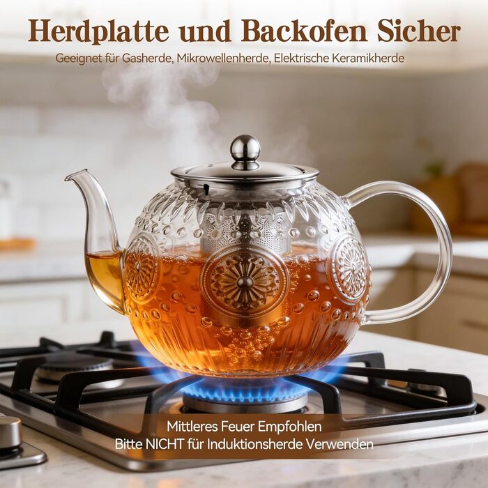 Чайник скляний з ситечком STNTUS, 1.2 л чайник для розсипного чаю та квіткового чаю, жаростійке боросилікатне скло, зручний вилив HX-1200 мл