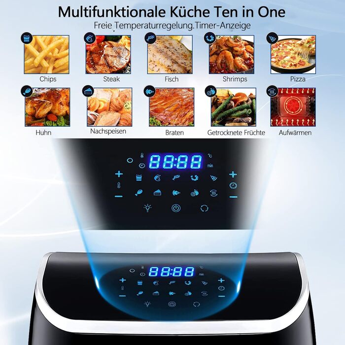 Хагвот XXL 12-літрова фритюрниця, фритюрниця з РК-дисплеєм, 9 програм, попереднє нагрівання та підтримання тепла, дегідратор, фритюрниця без олії, 1800 Вт, з аксесуарами