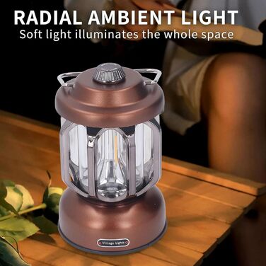 Ретро-світлодіодний кемпінговий ліхтар, тип C, акумуляторний, вінтажний кемпінговий ліхтар, портативні кемпінгові ліхтарі та ліхтарі, 3 режими, з регульованою яскравістю, з гачком, світлодіодний наметовий ліхтар для саду (коричневий)