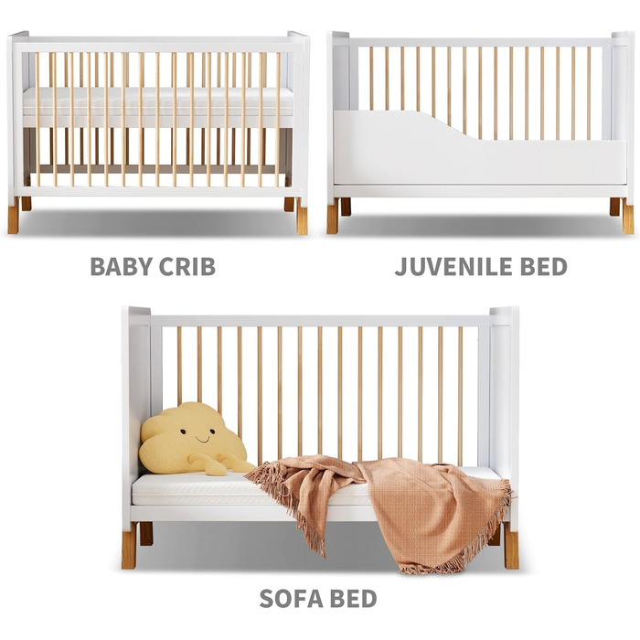 Дерев&39яне дитяче ліжечко 3-в-1, трансформоване дитяче ліжечко, 3 регульовані положення основи ліжка, матрац Deluxe Aloe Vera у комплекті, від народження до 6 років (без матраца 120X60 см)