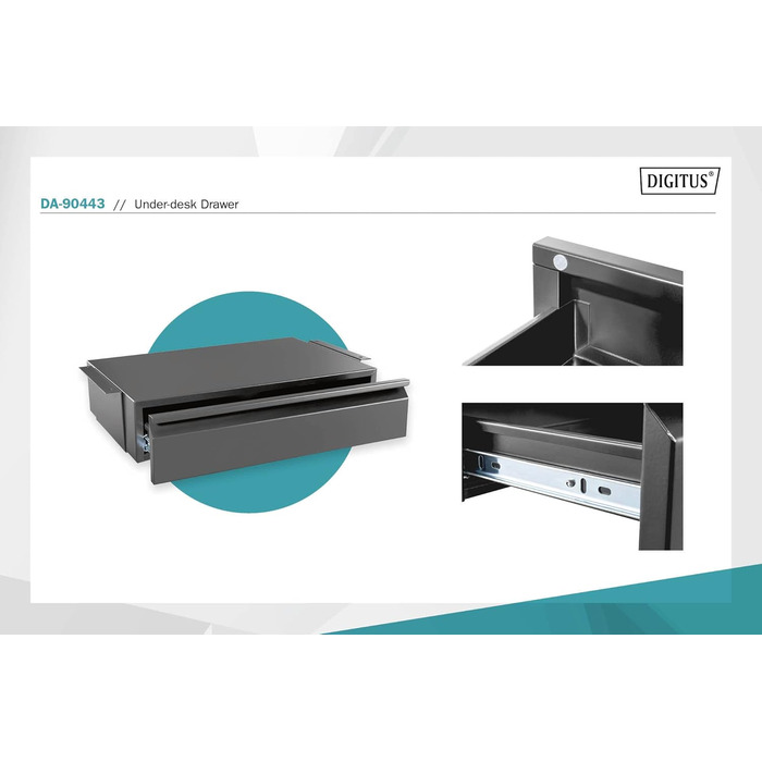 Шухляда під столом - Висувна - Плавний хід - Глибина 48 см - Вантажопідйомність 5 кг - Для монтажу під столами, робочими столами або стільницями - Чорна