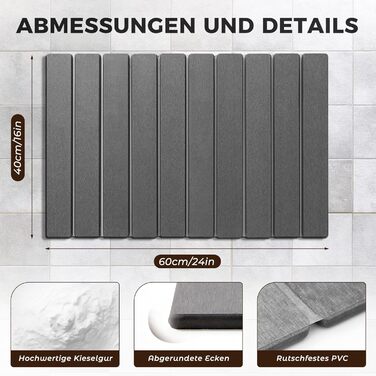 Кам&39яний килимок для ванної 60 x 40 см - Нековзний діатомовий килимок для ванної, водопоглинаючий кам&39яний килимок для ванної (сірий, 60 x 40 см)