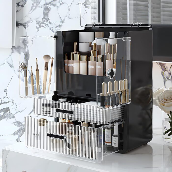 Органайзер для макіяжу, косметичне зберігання з кришками, пилонепроникний косметичний органайзер для макіяжу, косметична скринька високої місткості для спальні, ванної кімнати, чорний 1 1
