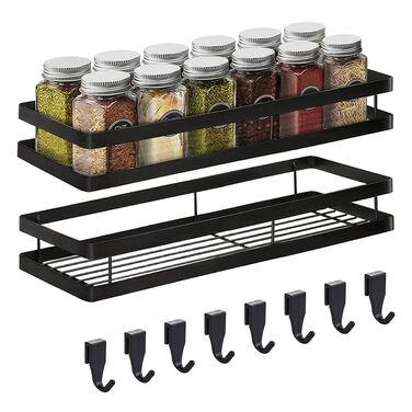 Підставка для спецій без свердління, кухонна полиця Auciej, настінна підставка для спецій, підвісна металева, 2 яруси з 8 знімними гачками, полиця для душу для кухні, ванної кімнати, балкону, 35 x 12 x 5,7 см, чорна