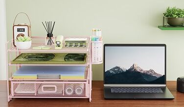 Органайзер для столу Marbrasse, 4-рівневий органайзер для паперу з шухлядою та 2 тримачами для ручок, сітчастий органайзер для домашнього офісного приладдя (рожевий)