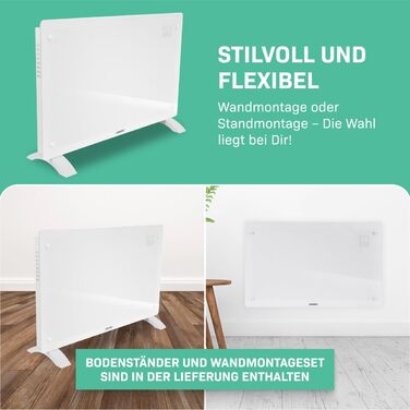 Енергозберігаючий електричний обігрівач VONROC 2000 Вт - Конвекторний обігрівач для приміщень площею до 24 кв. м - Портативний електричний обігрівач Керування за допомогою додатку/сенсорне керування - Радіатор 2-в-1 для настінного/підлогового монтажу - Бі