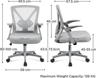 Офісне крісло Yaheetech, стілець для роботи з відкидними підлокітниками, обертове крісло з сітки, ергономічне офісне крісло, регульована поперекова опора, функція гойдання, регульована висота, сірий
