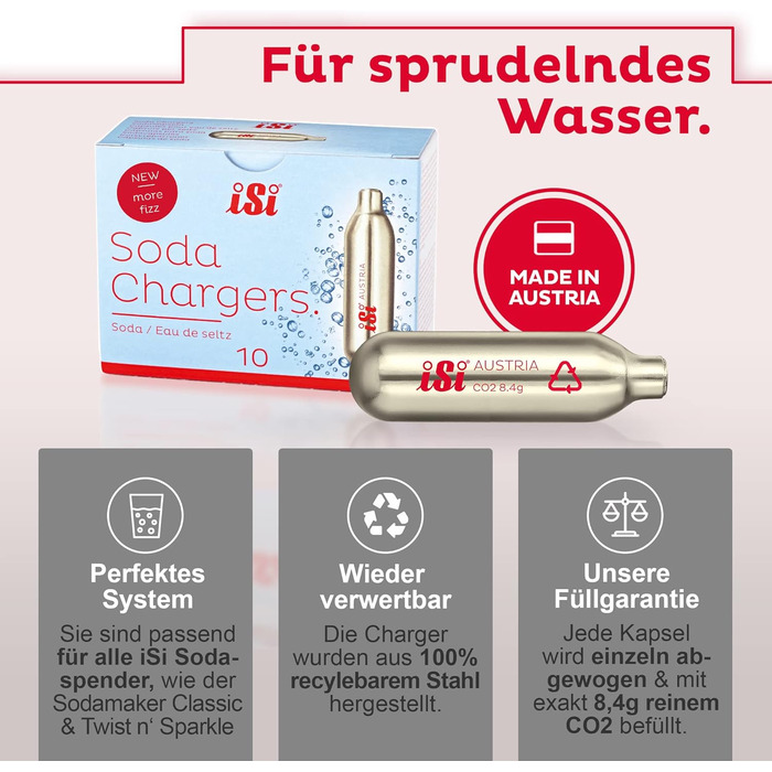 Капсули 8,4 г (упаковка 6x10) - Содові капсули підходять для Sodamaker Classic, Twist'n Sparkle & Gourmet Whip - Картриджі CO2 для смачних газованих напоїв та коктейлів - Зроблено в Австрії, 2