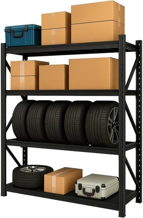 Надміцний стелаж/Стелаж для шин 200x60x200 см Вантажопідйомність 300 кг на полицю Металевий стелаж для зберігання Стелаж для підвалу/гаража 4 знімні полиці, чорний