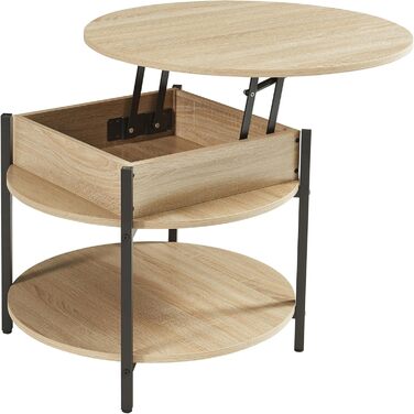 Круглий журнальний столик з підйомною стільницею, стіл для вітальні Kanda з місцем для зберігання, Ø70 x 49 см, невеликий столик з регульованою висотою та металевим каркасом, під дуб
