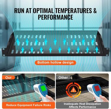 Полиця VEVOR 1U, 2 шт., для мережевої шафи, глибина 254 мм, вантажопідйомність 22,68 кг, для серверної стійки, вуглецева сталь, хороша циркуляція повітря для мережевої шафи або стійки для обладнання 482,6 мм, 1U-2 шт.