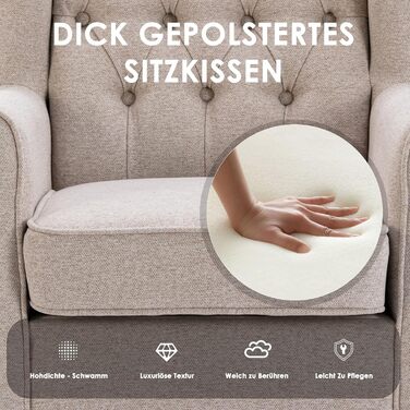 Крісло для вітальні COLAMY у стилі середини століття, м&39яке крісло з вигнутою спинкою та прошивкою на ґудзиках, крісло для відпочинку з тканинним чохлом та ніжками з масиву дерева для вітальні, офісу, кафе - бежевий, комплект з