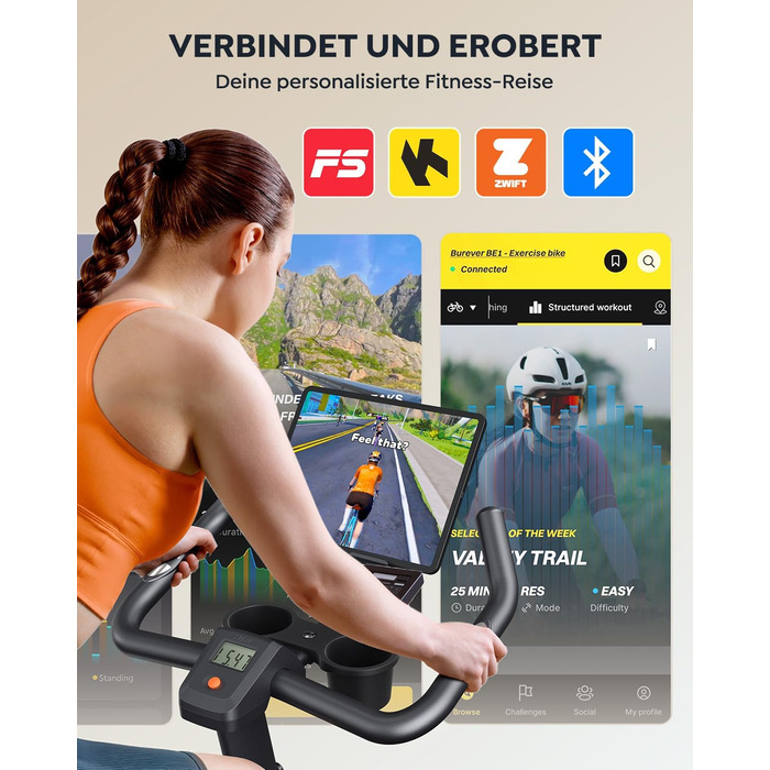 Велотренажер із застосунком, ультратихий, ергономічний дизайн, РК-дисплей з вимірюванням пульсу, магнітний опір, маховик 15 кг, до 160 кг, помаранчевий