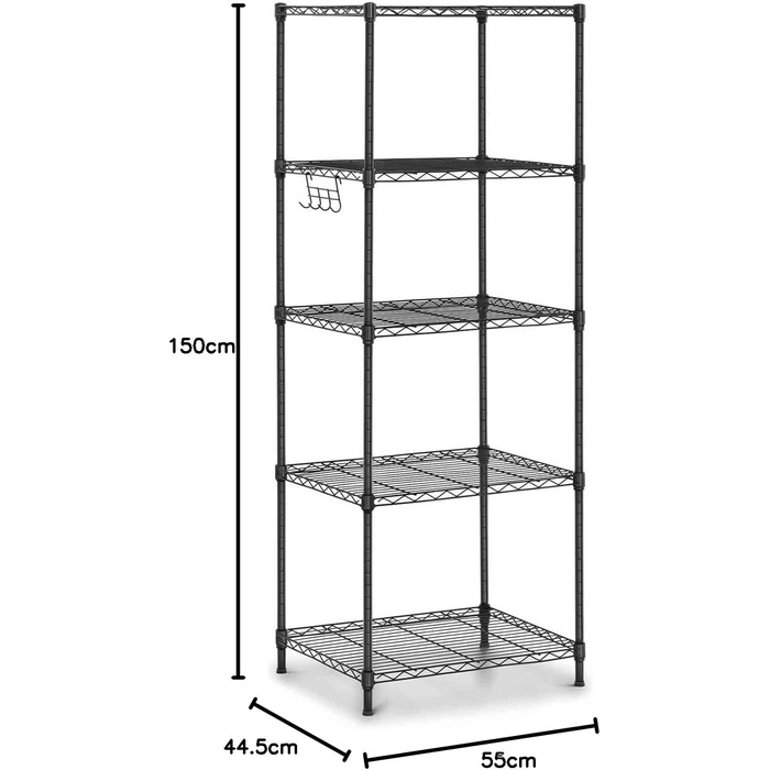 Металевий стелаж Royal Catering RCMR-1500P19T, вставний стелаж, побутовий стелаж, окремостоячий стелаж, 55x45x149,5 см, 150 кг, чорний