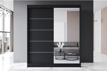 Шафа-купе з розсувними дверима чорного кольору 180x215x58 см з дзеркалом - Меблі для спальні, Місця для зберігання - Універсальна шафа, 3