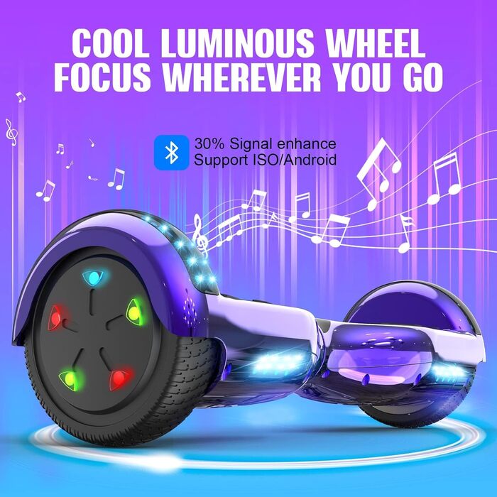 Гіроскутери GeekMe 6,5 дюймів з двома двигунами, 2 колесами та світлодіодними ліхтарями, Bluetooth, фіолетовий колір