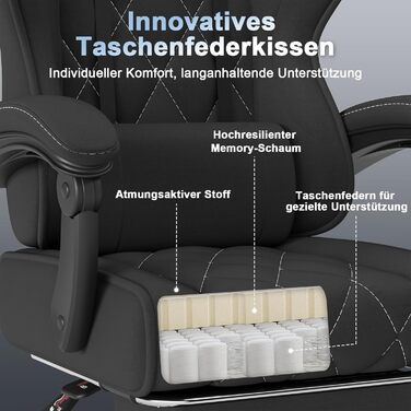 Ігрове крісло Devoko, ергономічна тканина з функцією масажу та підставкою для ніг, пружинна амортизація Pocket Spring, регулювання на 135, повітропроникне для домашнього офісу або ігрової кімнати, чорний колір